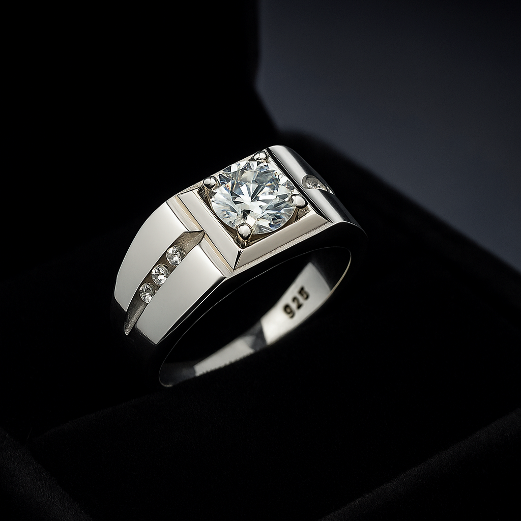 Men's Ring with 1 ct Moissanite - 925 Sterling Silver with Platinum Plating, GRA Certificate, Adjustable Size