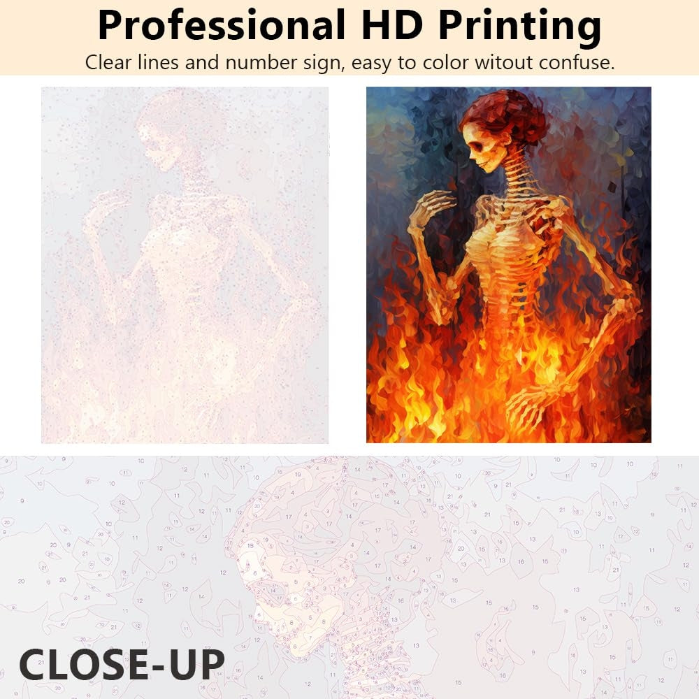 DIY Paint by Numbers – 'Female Skeleton in Flames', Set 40x50 cm without Frame, with 3 Brushes – Creative Wall Decoration for Adults and Kids