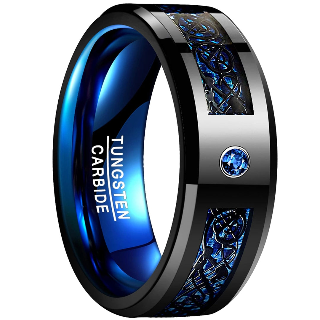 Men's Ring with Celtic Dragon - 8mm Blue Bicolor Tungsten with Carbon Fiber and Zirconia