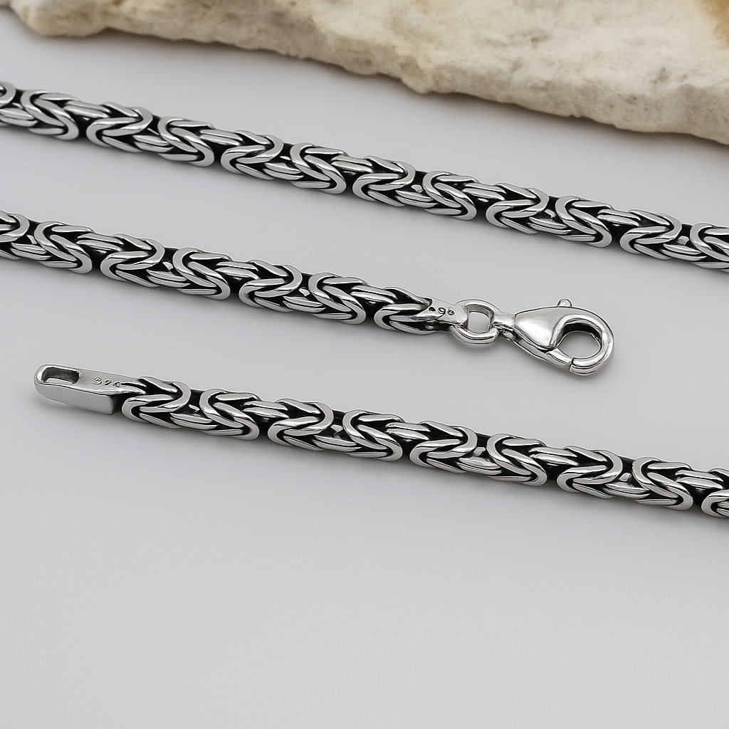 Men's Necklace 925 Silver – Byzantine Cube Link, 32.06 g, Length 59 cm
