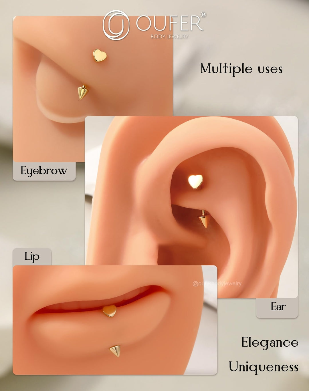 14K Gold Heart Piercing – 1g, Thickness 16G (1.2mm), Length 8mm