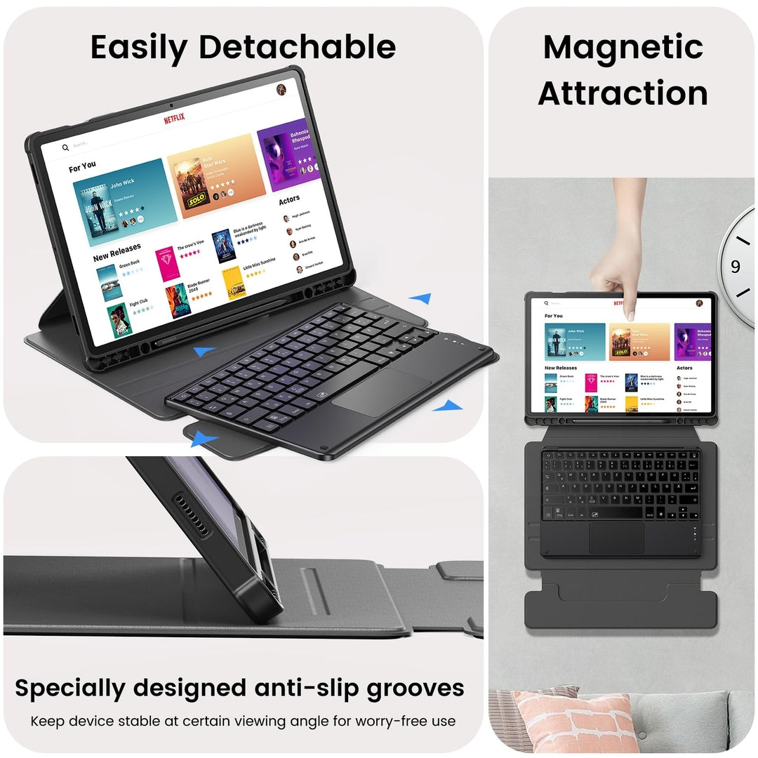 Etui z Klawiaturą do Samsung Galaxy Tab S10+ / S9 FE+ – Podświetlana Klawiatura Bluetooth (Niemiecki UKŁAD), 360° Obrót, Precyzyjny Touchpad, Czarna