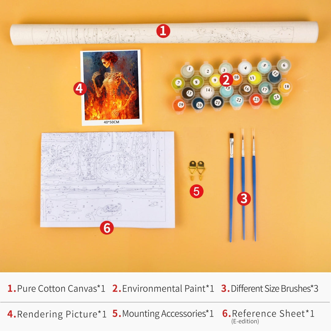 DIY Paint by Numbers – 'Female Skeleton in Flames', Set 40x50 cm without Frame, with 3 Brushes – Creative Wall Decoration for Adults and Kids