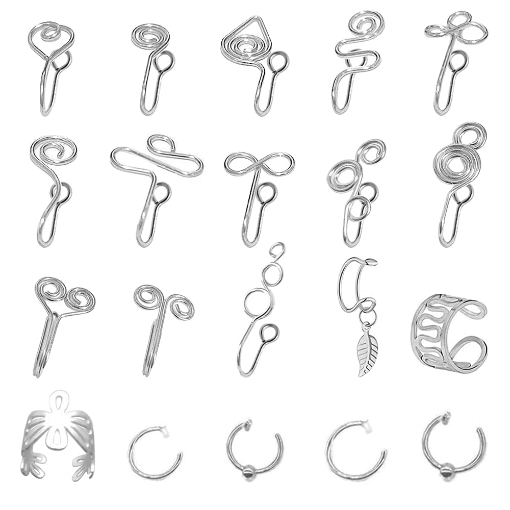 Set of 20 Fake African Nose Clips – Clip-On Nose Jewelry Without Piercing for Women, Silver Color