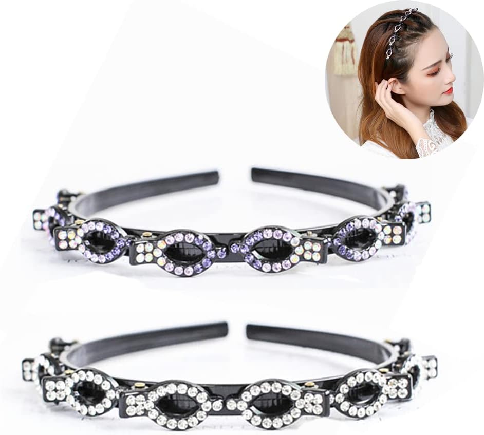 Set of 2 Elastic Hair Bands with Rhinestones (White + Purple) – with 8 Small Hair Clips, Plastic, for Girls, Dance, Party, Daily Wear or Work