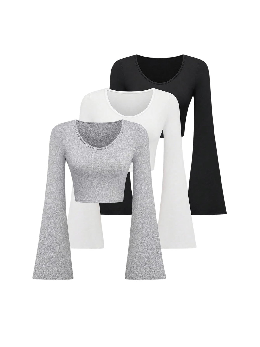 Set of 3 cropped women's t-shirts with round neck and flared sleeves - black, grey and white, size M