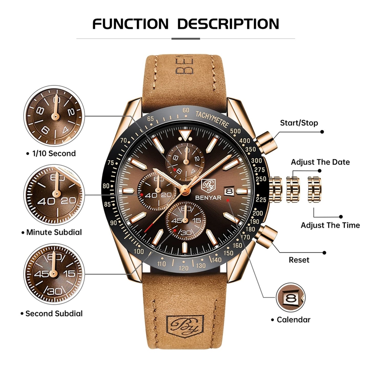 BENYAR men's watch - quartz chronograph, date display, waterproof, gold steel case, black silicone strap