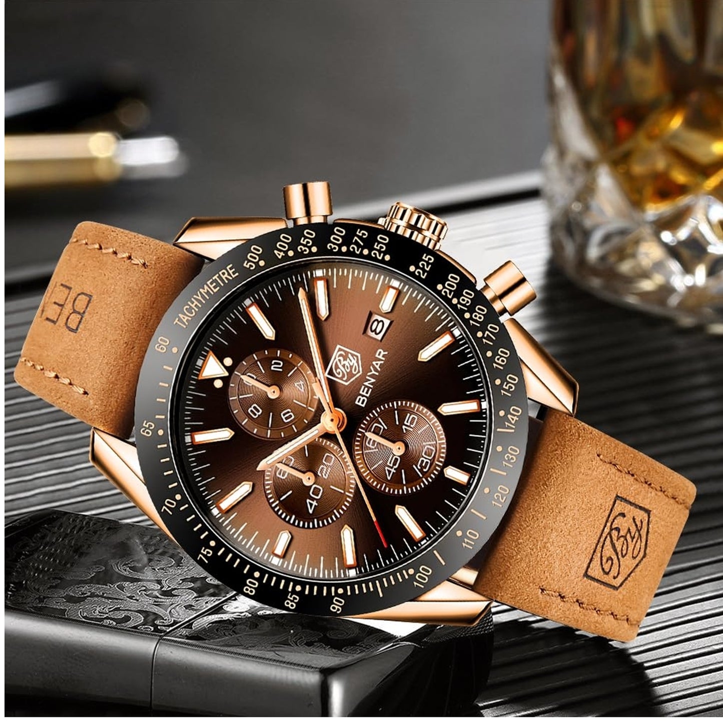 BENYAR men's watch - quartz chronograph, date display, waterproof, gold steel case, brown leather strap