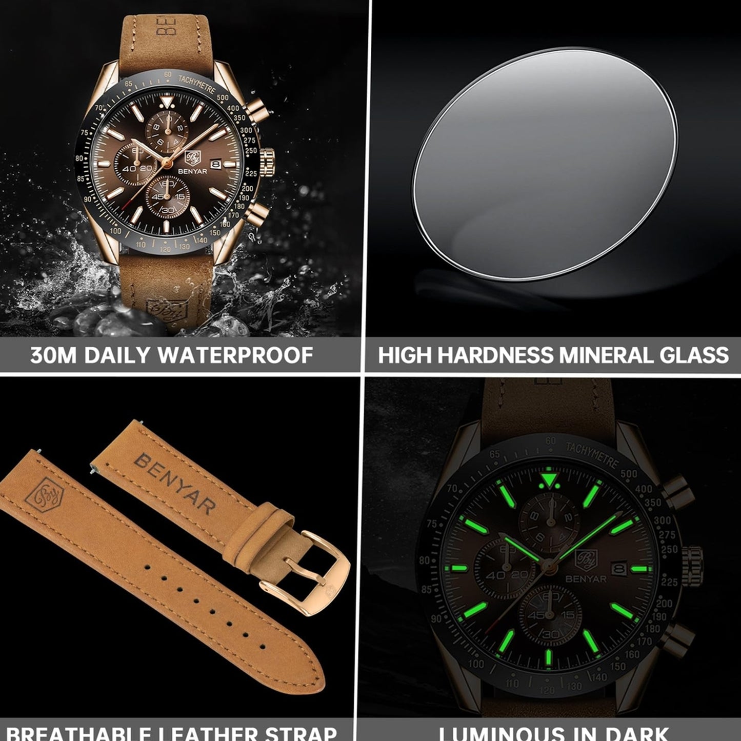 BENYAR men's watch - quartz chronograph, date display, waterproof, gold steel case, brown leather strap