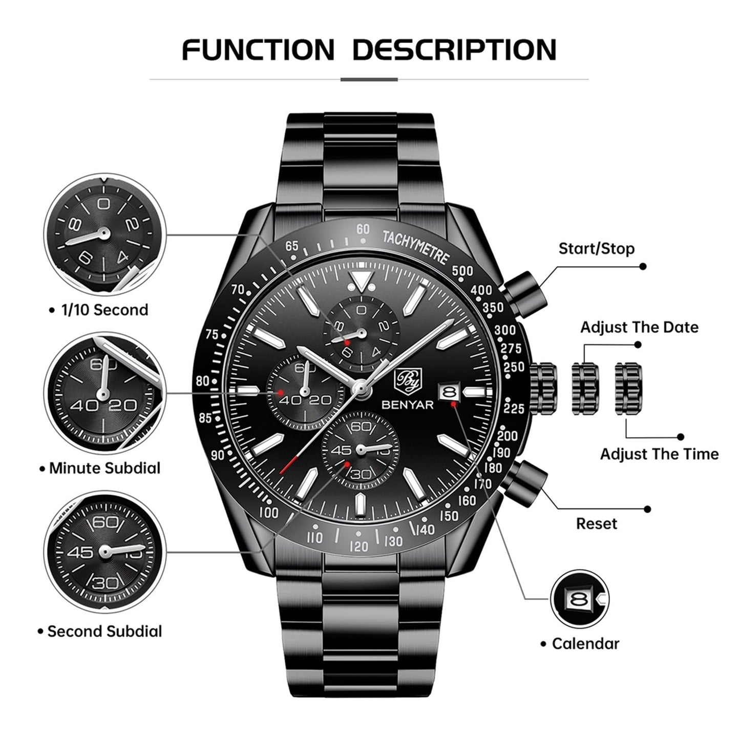 BENYAR men's watch - quartz chronograph, date display, waterproof, all black stainless steel