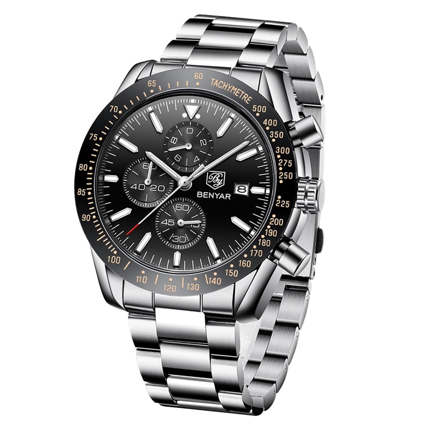 BENYAR men's watch - quartz chronograph, date display, waterproof, stainless steel strap