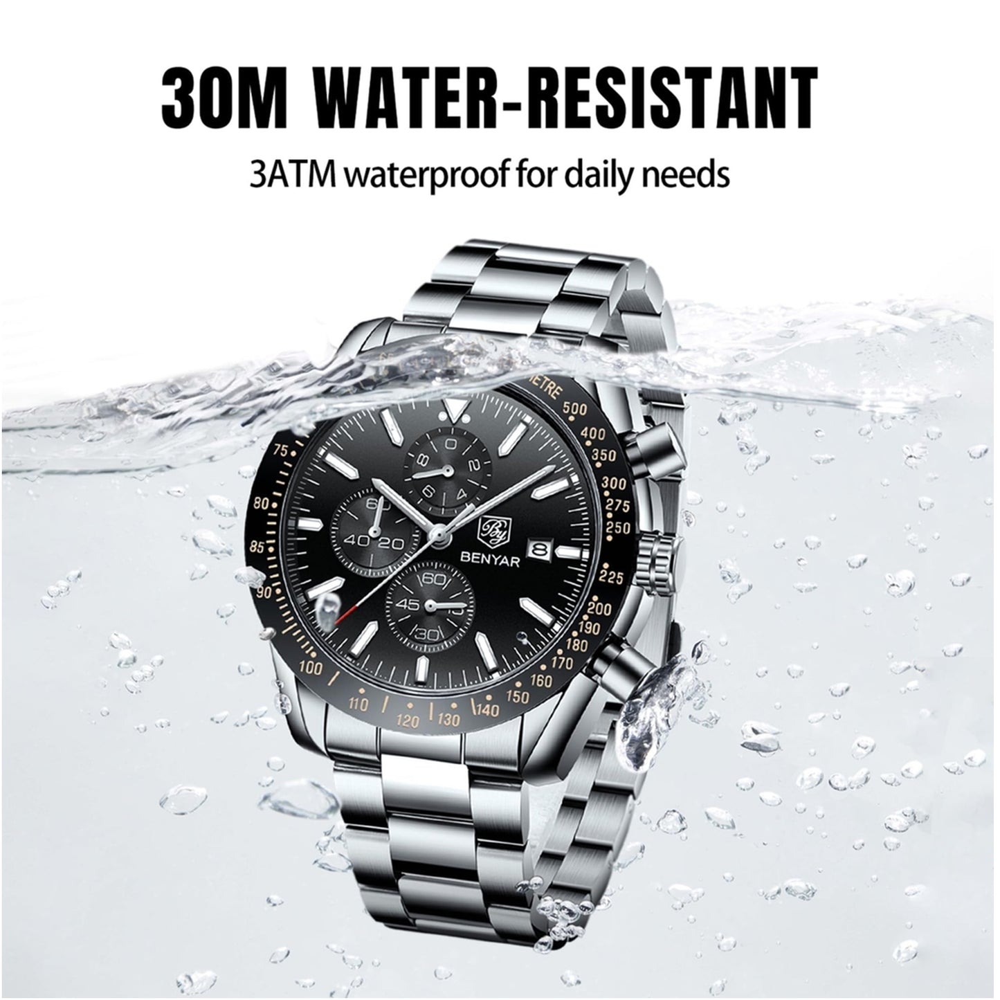BENYAR men's watch - quartz chronograph, date display, waterproof, stainless steel strap