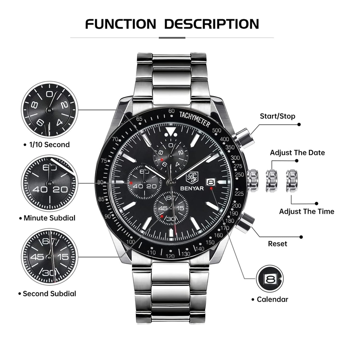 BENYAR men's watch - quartz chronograph, date display, waterproof, stainless steel strap