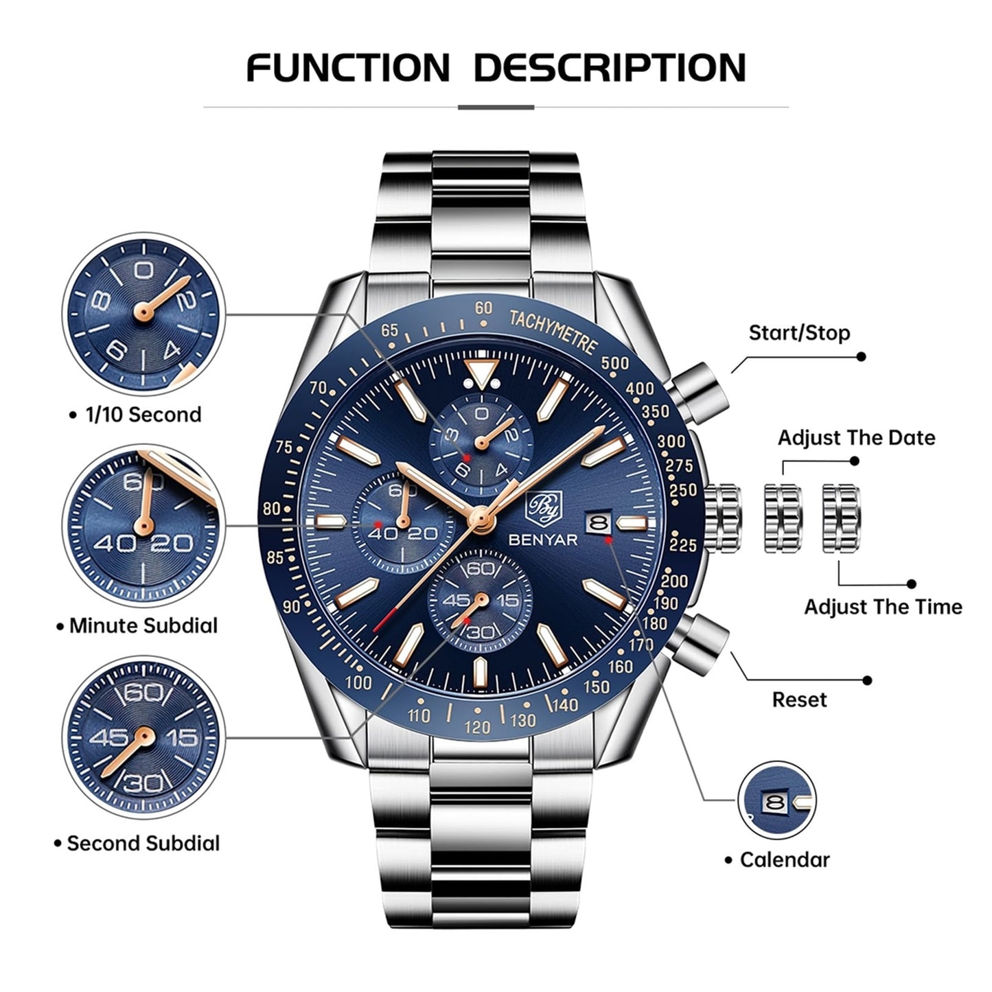 BENYAR men's watch - quartz chronograph, date display, waterproof, stainless steel strap, blue