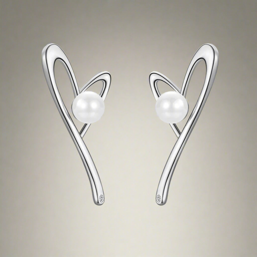 925 Silver Earrings - Heart Design with Faux Pearl & Zirconia