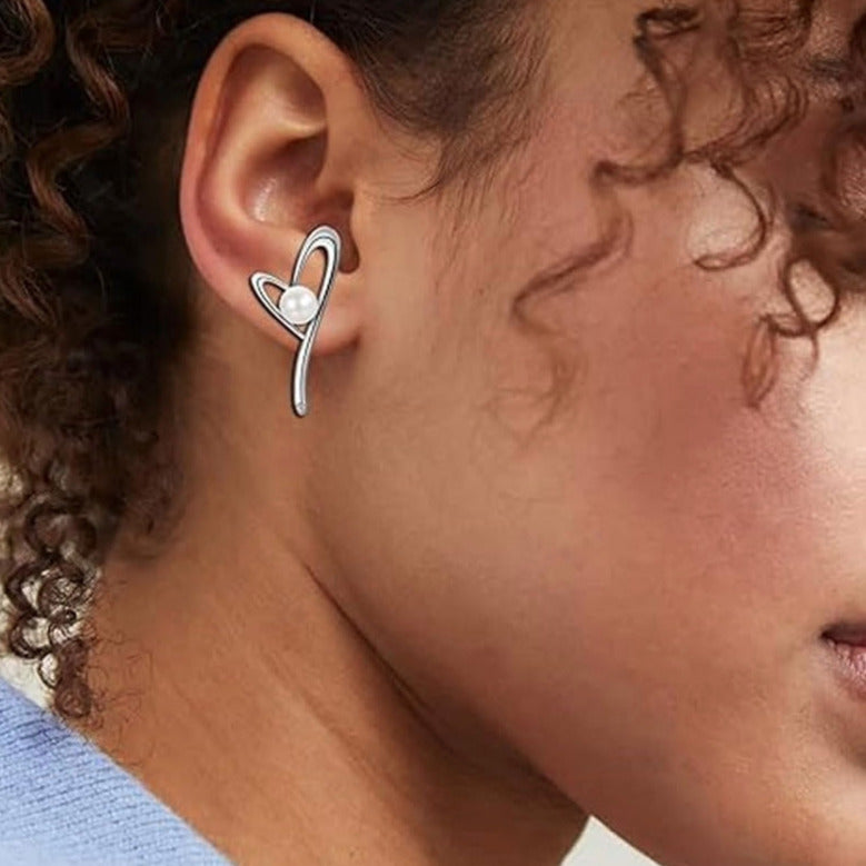 925 Silver Earrings - Heart Design with Faux Pearl & Zirconia