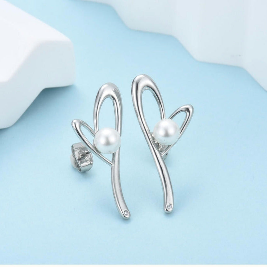 925 Silver Earrings - Heart Design with Faux Pearl & Zirconia