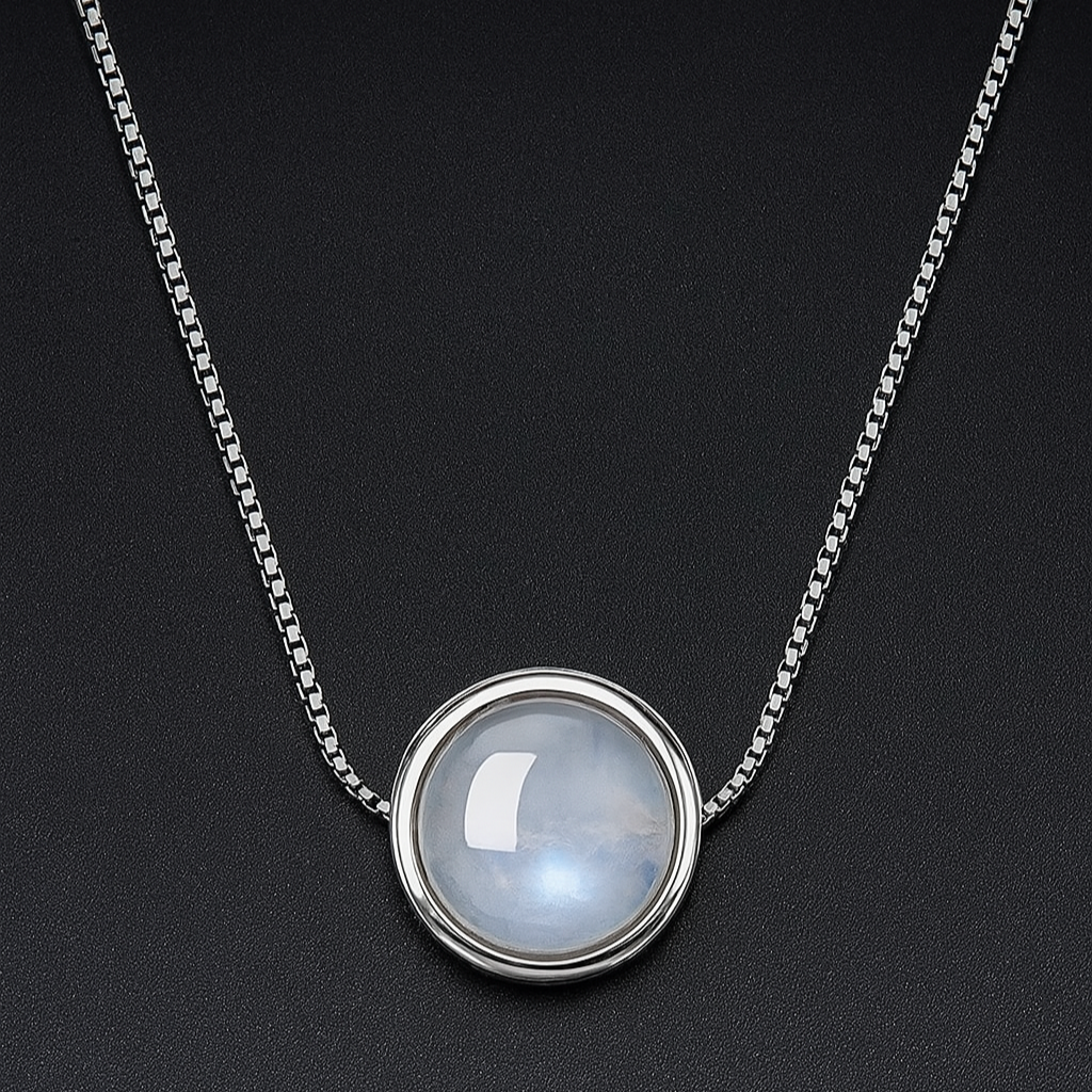 925 Silver Necklace – Pendant with Natural Moonstone, Length 40 cm, 3.90 grams