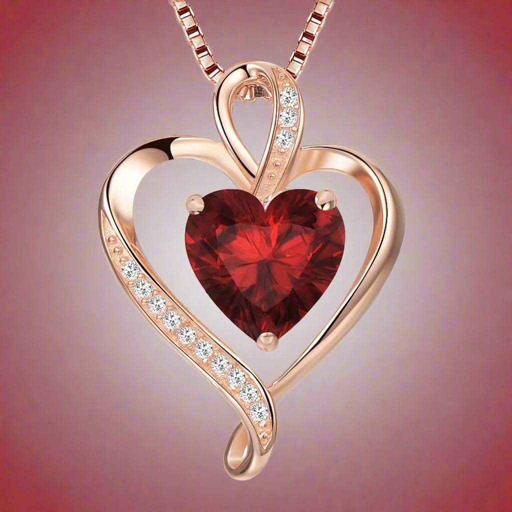 925 Silver Necklace, Rose Gold Plated, Heart-Shaped Model with Red Zirconia