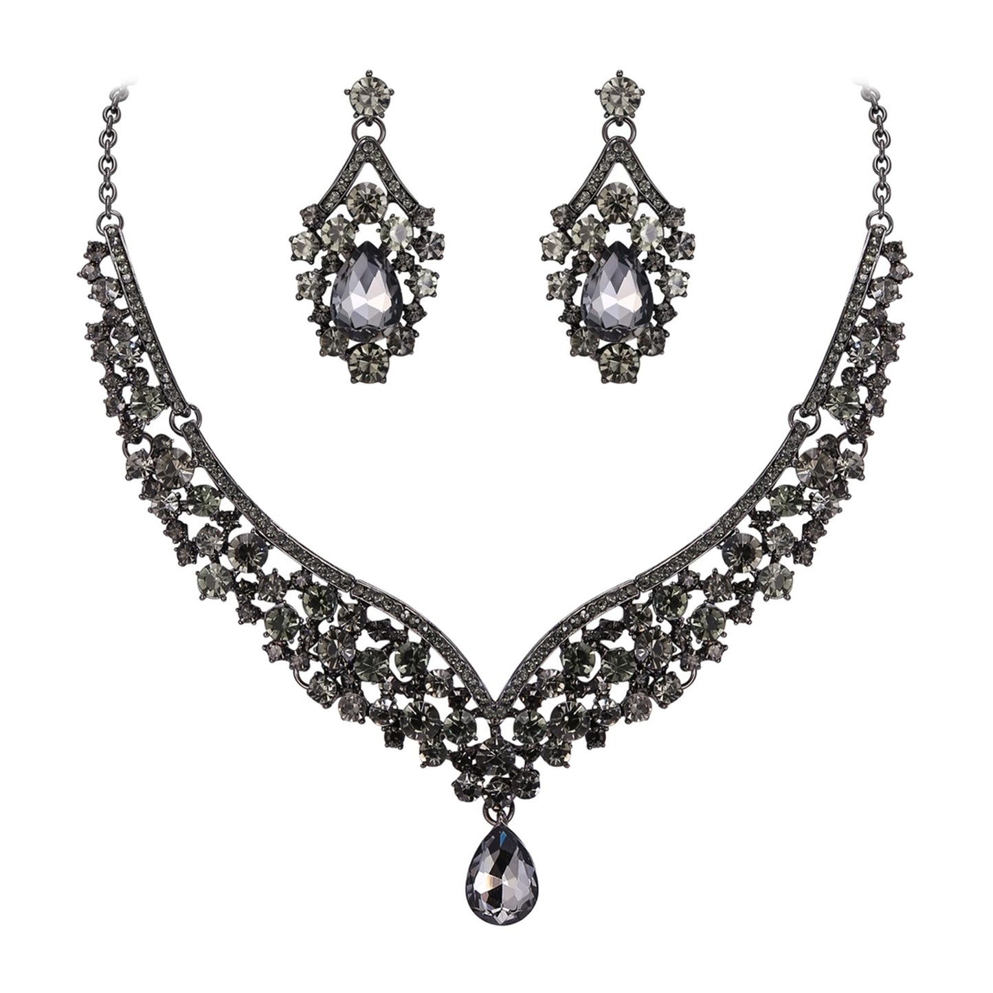 Elegant Jewelry Set – V-Shaped Necklace and Earrings with Teardrop Crystals, Gray-Black Tones