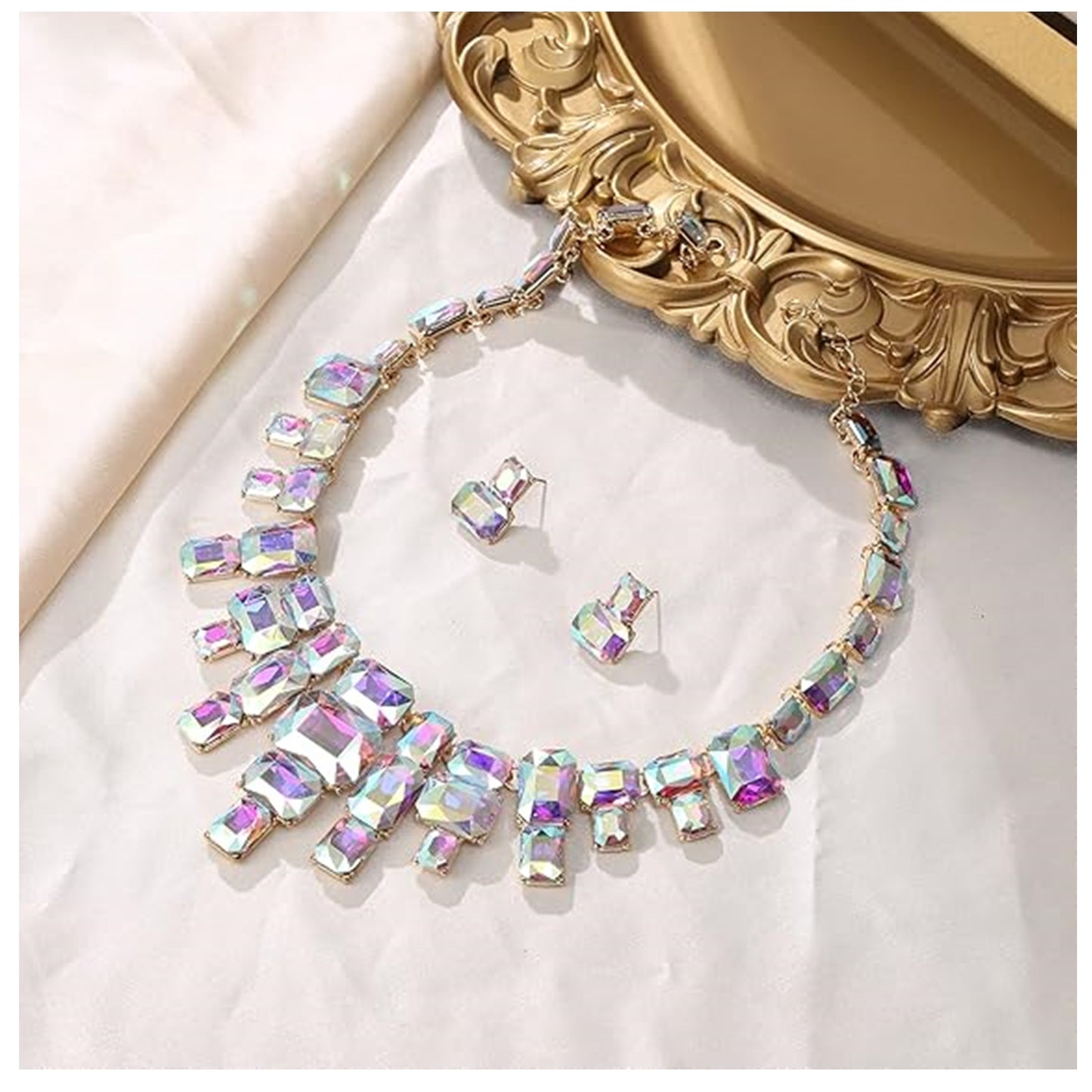 Set Bijuterii Statement Iridescent – Colier Masiv și Cercei Tip Stud, Cristale Art Deco, Stil Vintage