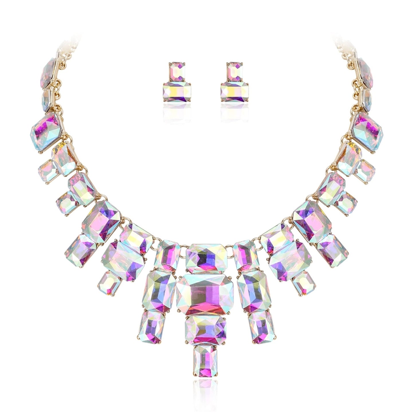 Set Bijuterii Statement Iridescent – Colier Masiv și Cercei Tip Stud, Cristale Art Deco, Stil Vintage