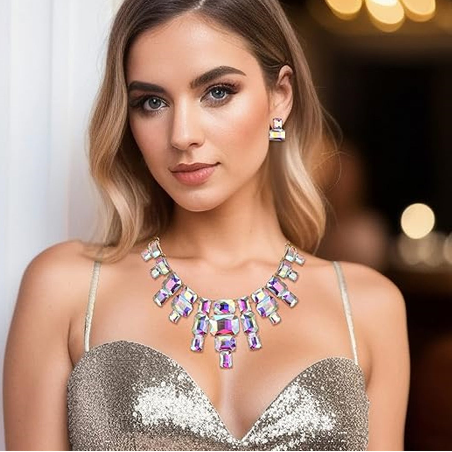 Set Bijuterii Statement Iridescent – Colier Masiv și Cercei Tip Stud, Cristale Art Deco, Stil Vintage