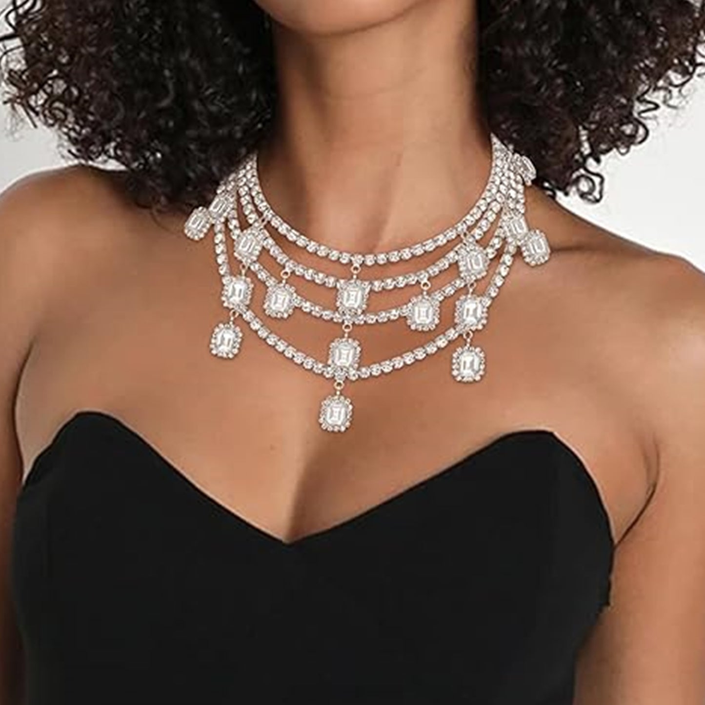 Colier Vintage Statement – Straturi Suprapuse cu Cristale Strălucitoare, Stil Choker, Argintiu Transparent