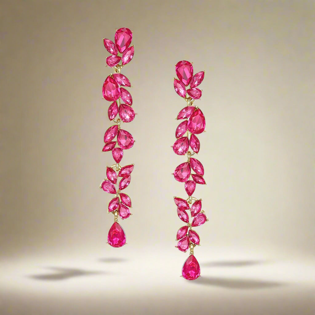 Cercei eleganți tip candelabru – model lung Art Deco cu cristale roz intens