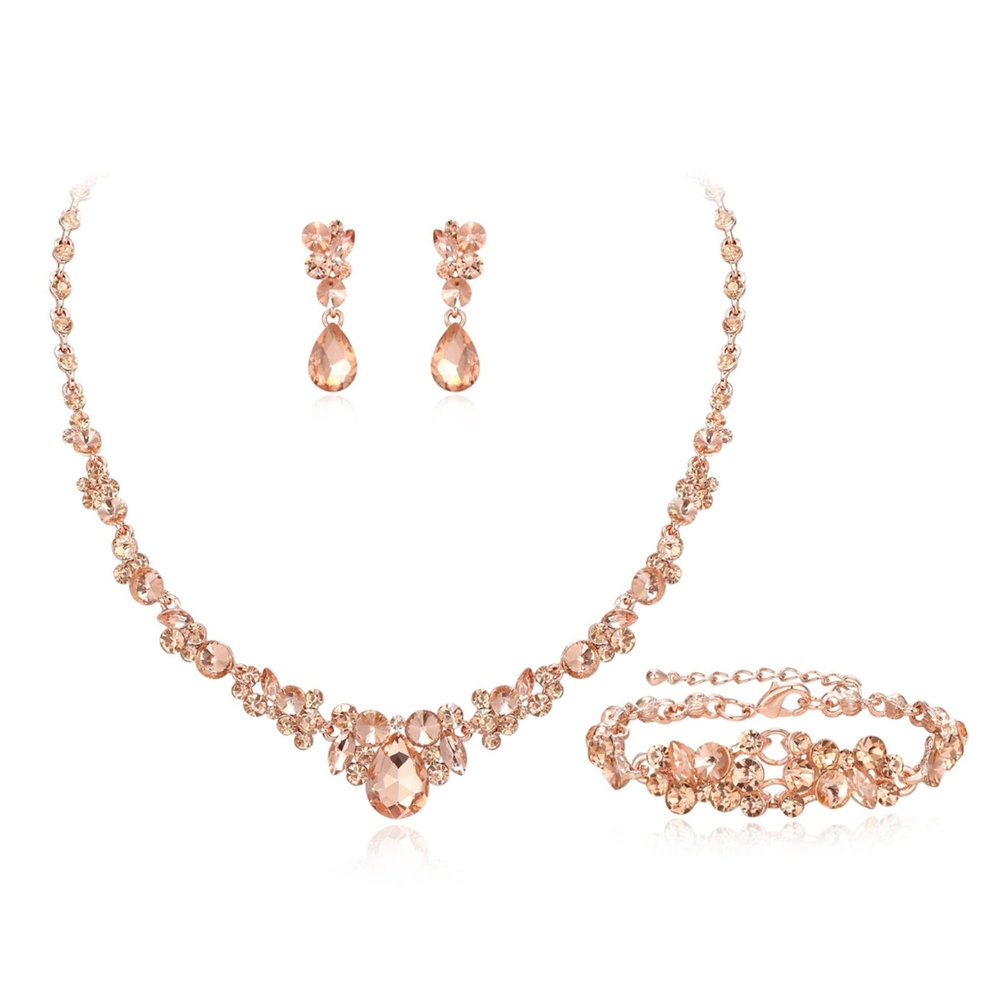 Elegant Wedding Jewelry Set – Necklace, Earrings and Bracelet in Rose Gold Tone with Champagne Crystals