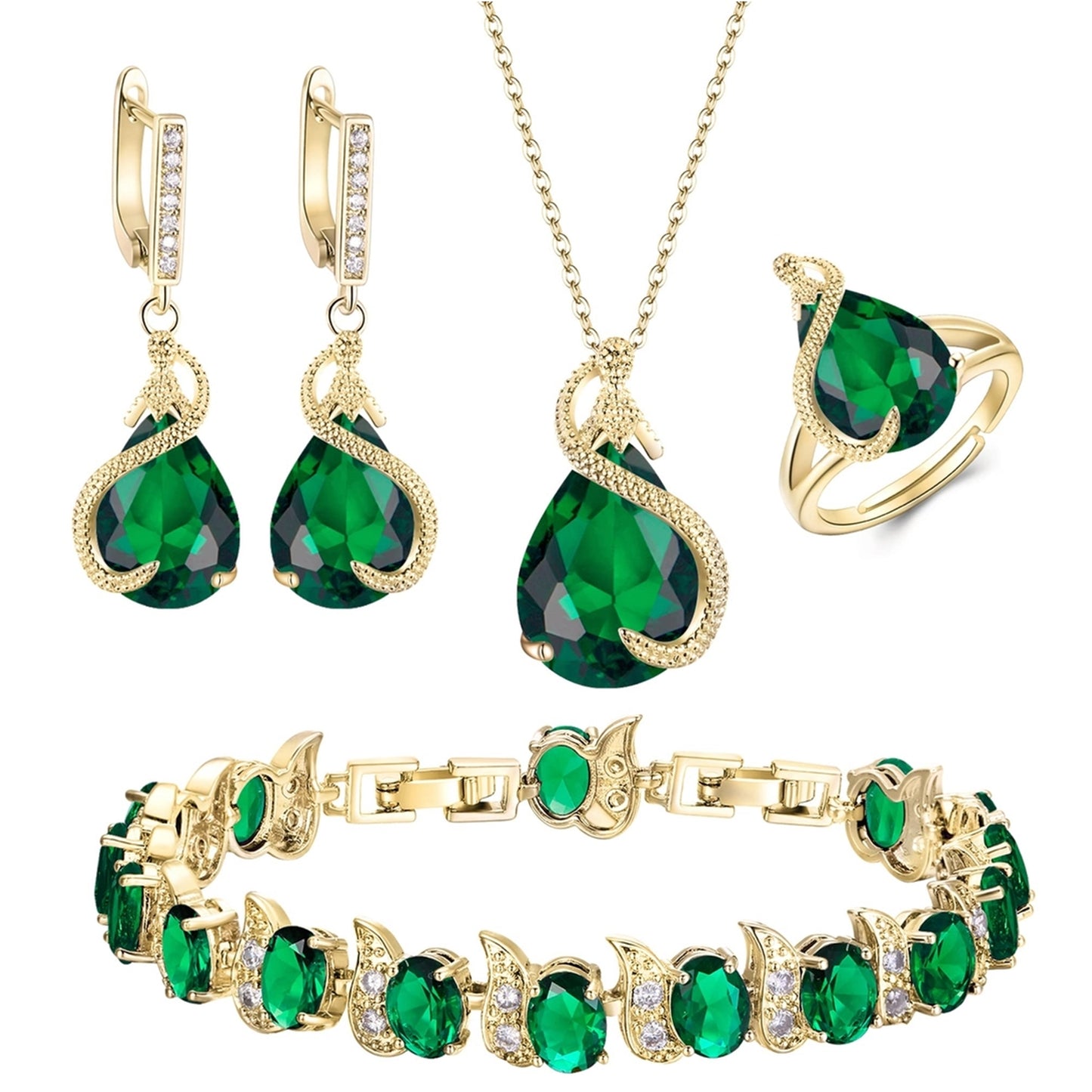 Glamorous Jewelry Set – Earrings, Pendant, Tennis Bracelet and Adjustable Ring, Green Crystals, Light Gold Tone