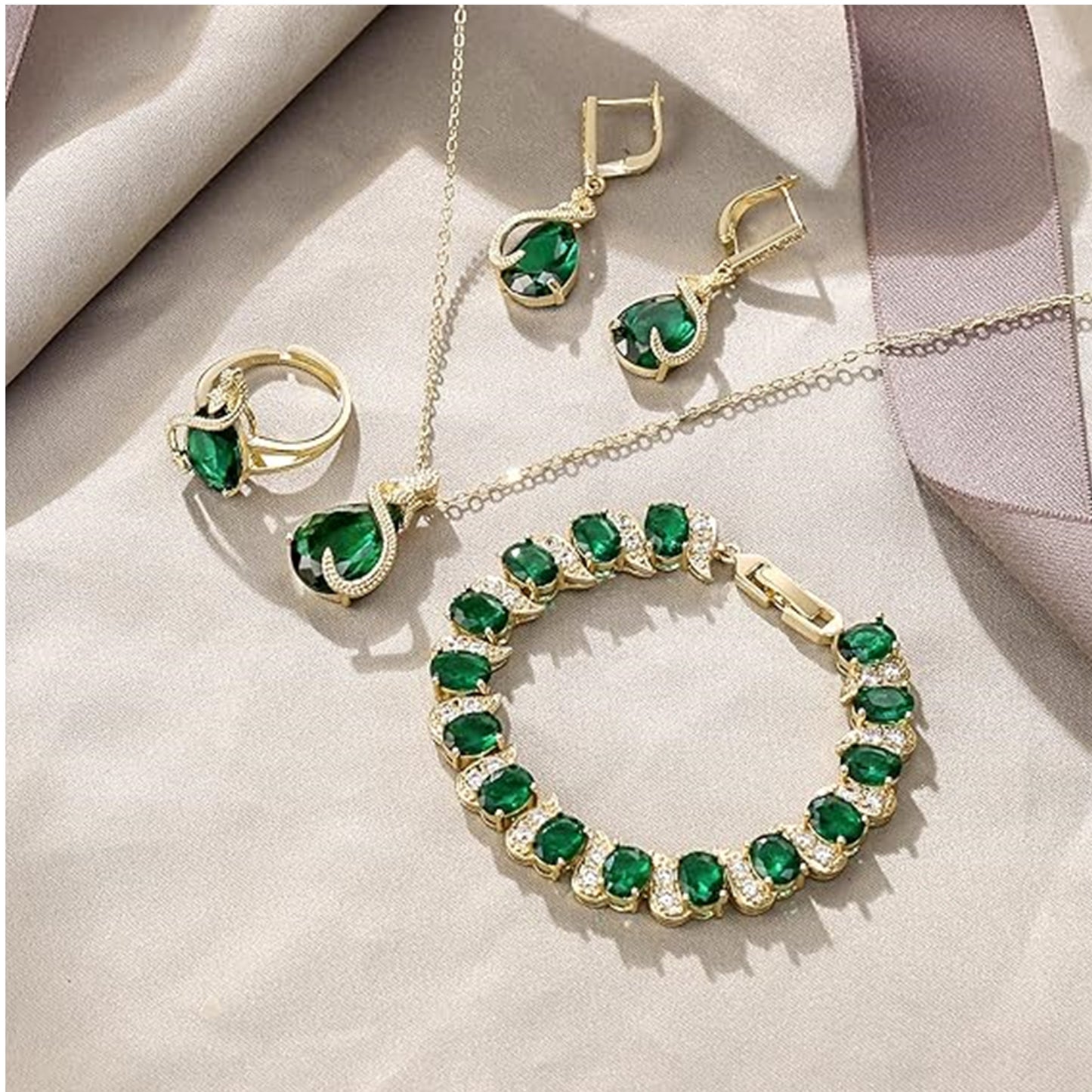 Glamorous Jewelry Set – Earrings, Pendant, Tennis Bracelet and Adjustable Ring, Green Crystals, Light Gold Tone