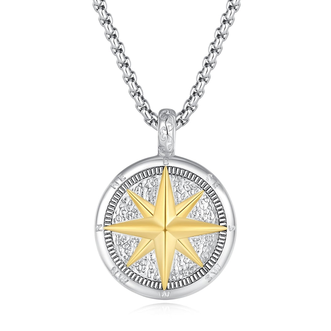 Men’s Compass Pendant Necklace – Silver Stainless Steel Chain with Gold-Tone Details