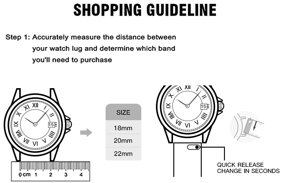 Stainless steel watch strap with black inserts – available in 18mm and 22mm, Quick Release system, double push-button closure and adjustable links