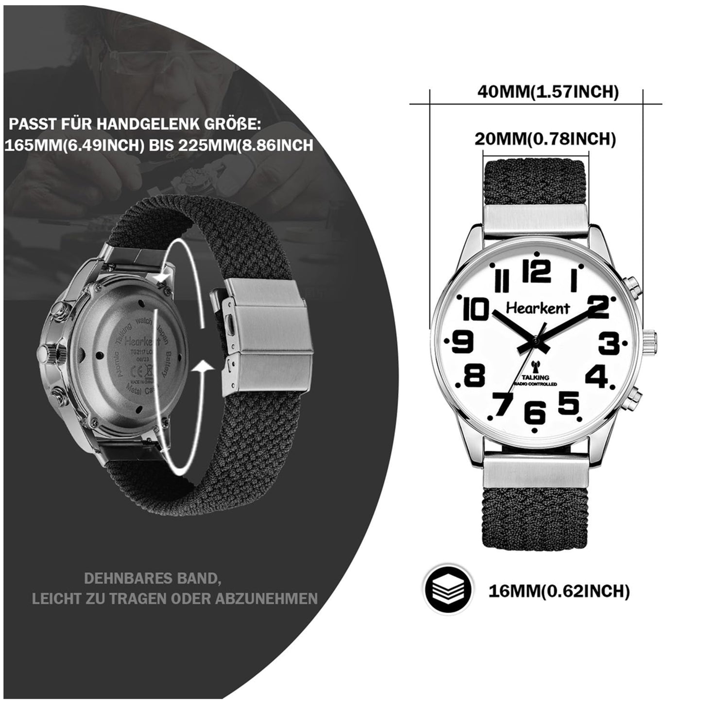 Talking Watch with German Voice – Large Numbers, Automatic Time Setting, For the Visually Impaired, Blind or Seniors – Men's Model with Black Nylon Strap