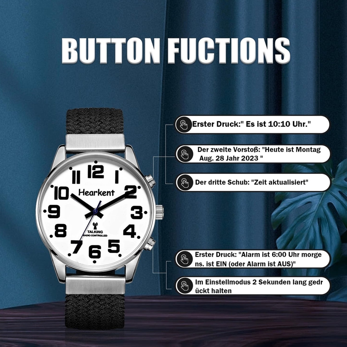 Talking Watch with German Voice – Large Numbers, Automatic Time Setting, For the Visually Impaired, Blind or Seniors – Men's Model with Black Nylon Strap