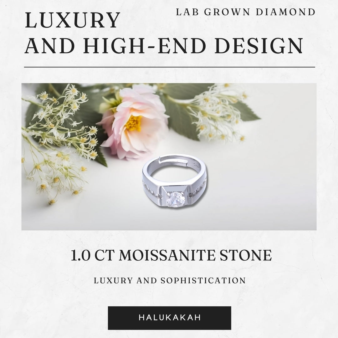 Men's Ring with 1 ct Moissanite - 925 Sterling Silver with Platinum Plating, GRA Certificate, Adjustable Size