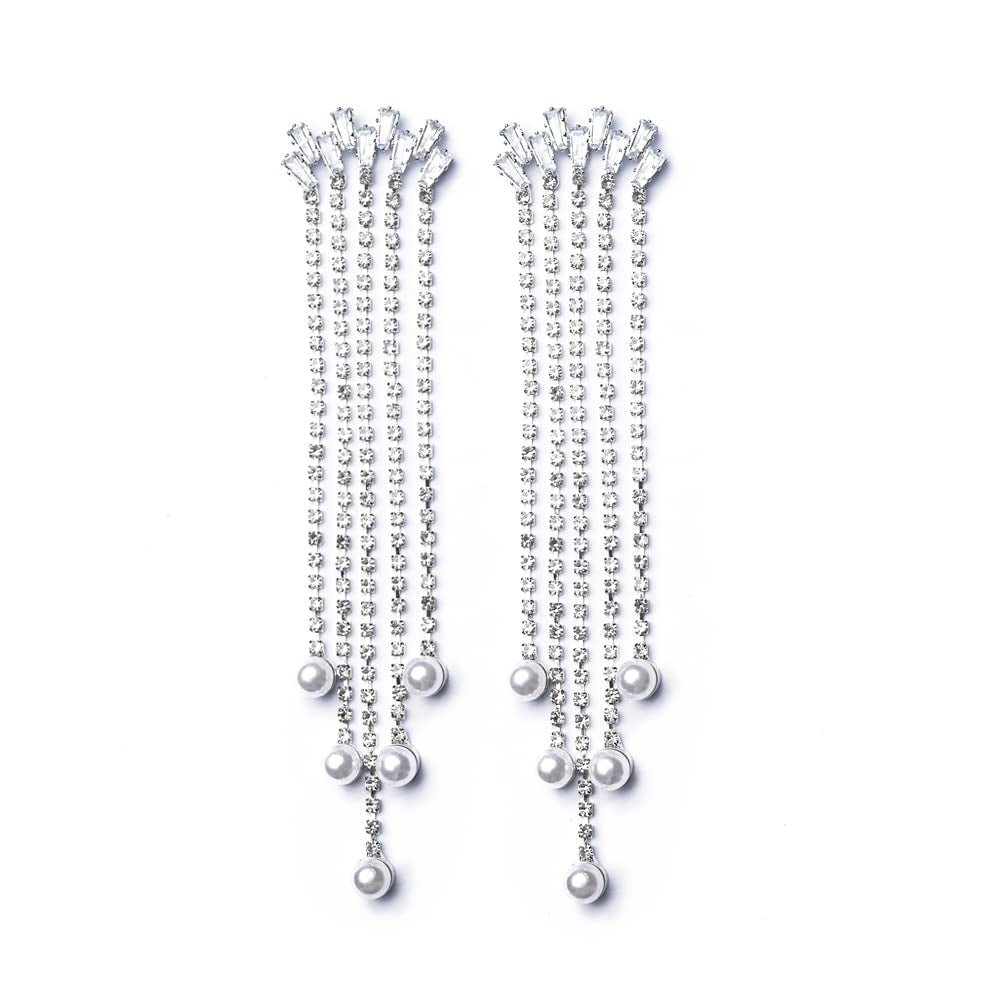 Long earrings with crystals and artificial pearls – elegant model with stud closure, 11 cm