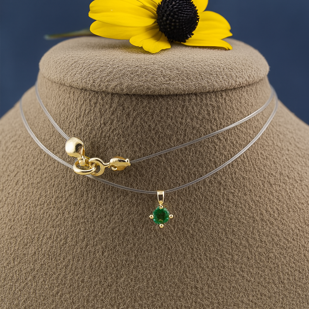14K Gold Necklace with Silicone Wire – 37 cm, with Green Crystal