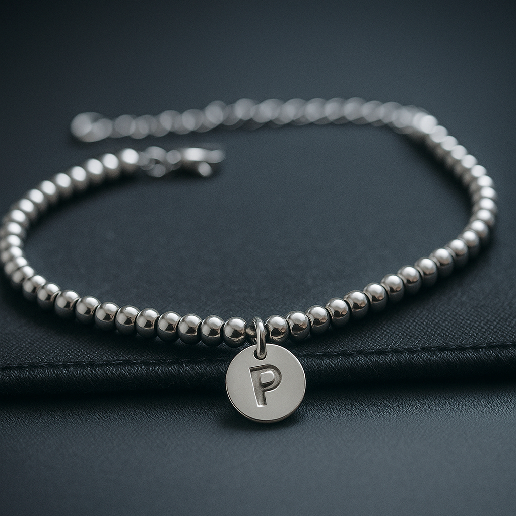 Stainless Steel Bracelet with Central Initial - Silver Tone, Adjustable Length