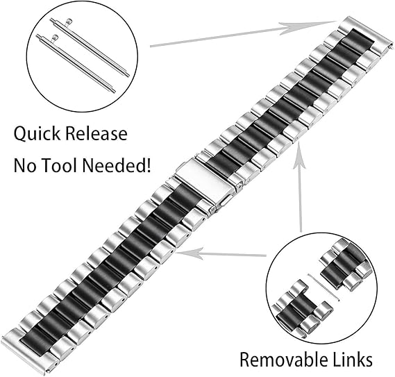 Stainless steel watch strap with black inserts – available in 18mm and 22mm, Quick Release system, double push-button closure and adjustable links