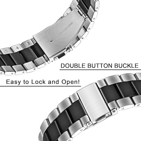 Stainless steel watch strap with black inserts – available in 18mm and 22mm, Quick Release system, double push-button closure and adjustable links