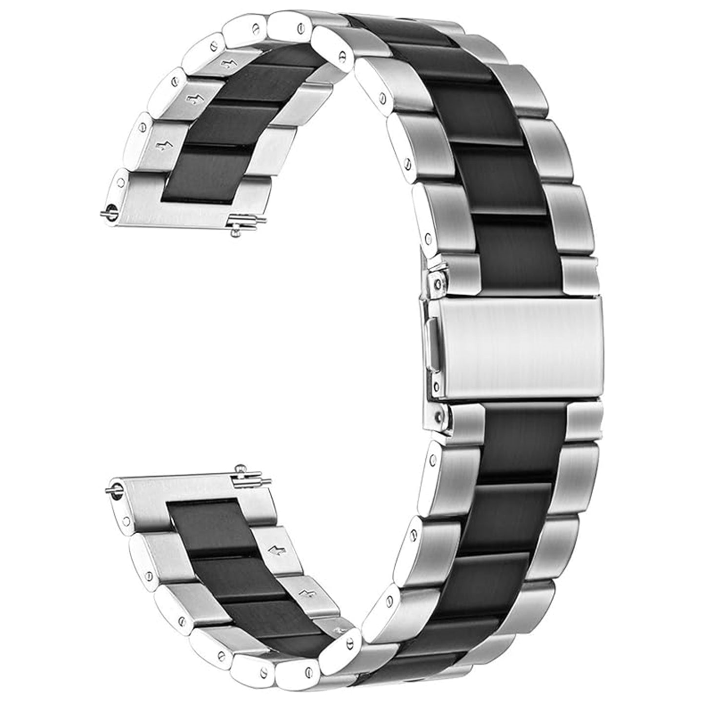 Stainless steel watch strap with black inserts – available in 18mm and 22mm, Quick Release system, double push-button closure and adjustable links