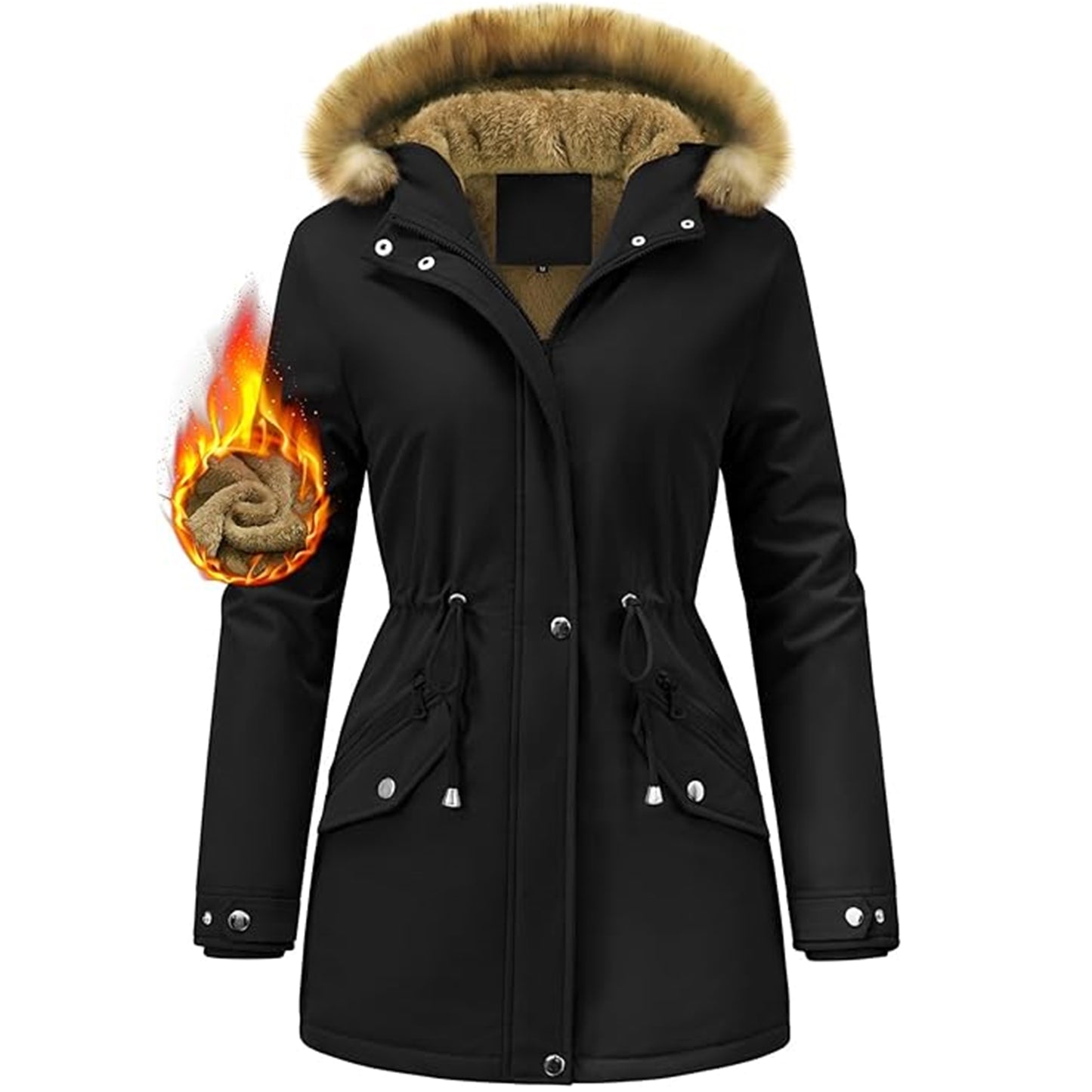 Women's winter parka coat - lined with fleece, waterproof, with fur hood, medium-length model with zipper and buttons, size S, color black