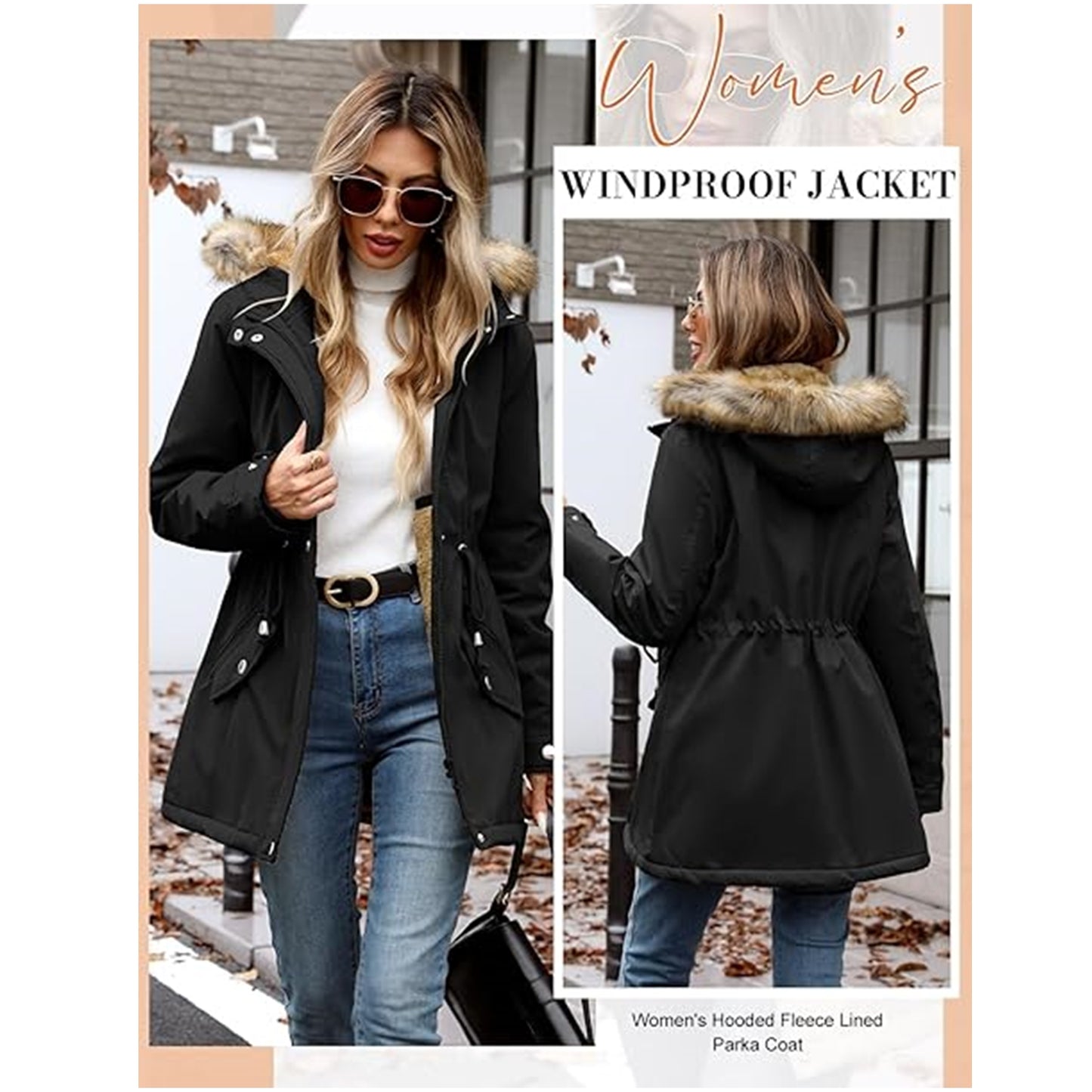 Women's winter parka coat - lined with fleece, waterproof, with fur hood, medium-length model with zipper and buttons, size S, color black