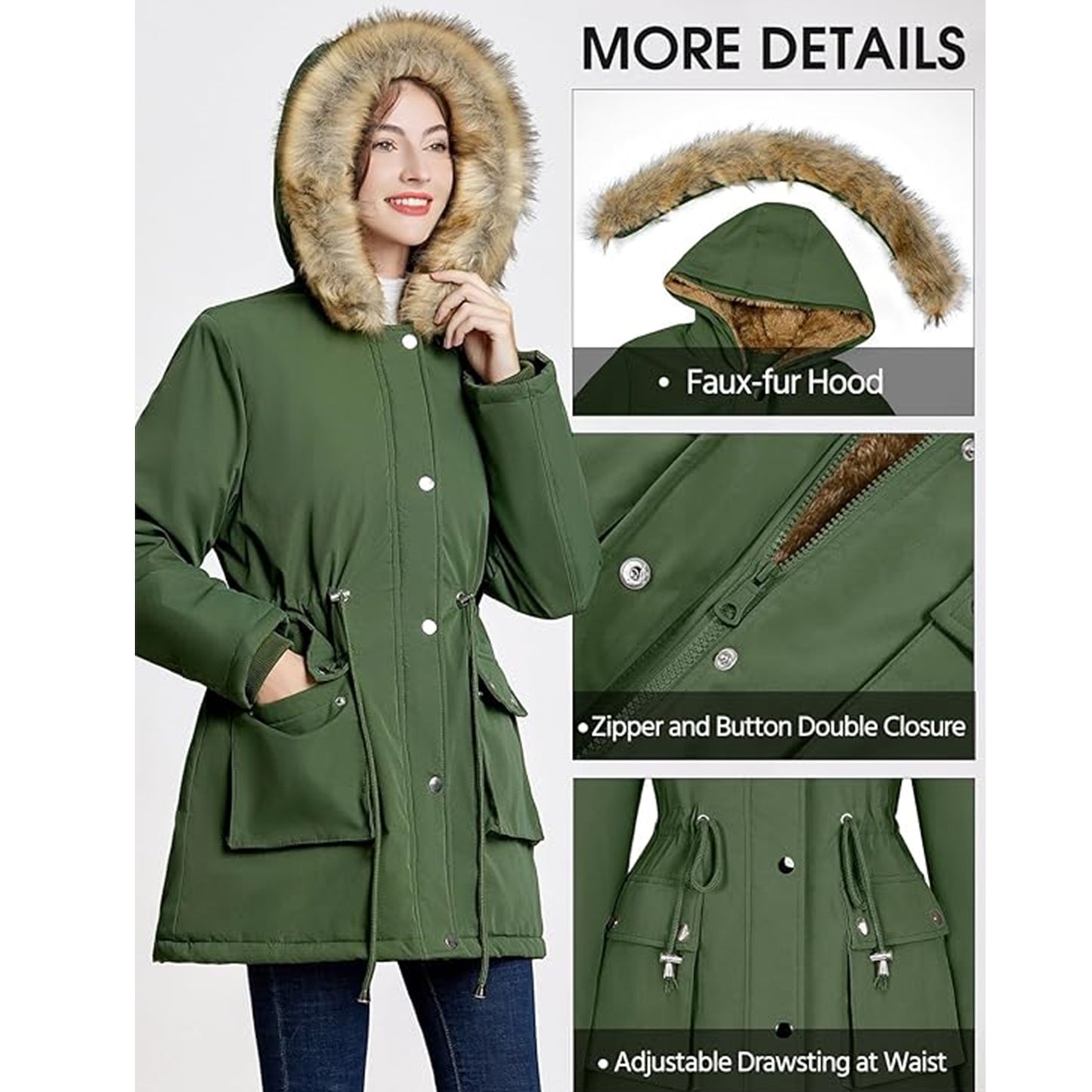 Women's winter parka coat - lined with fleece, waterproof, with fur hood, medium-length model with zipper and buttons, Size L
