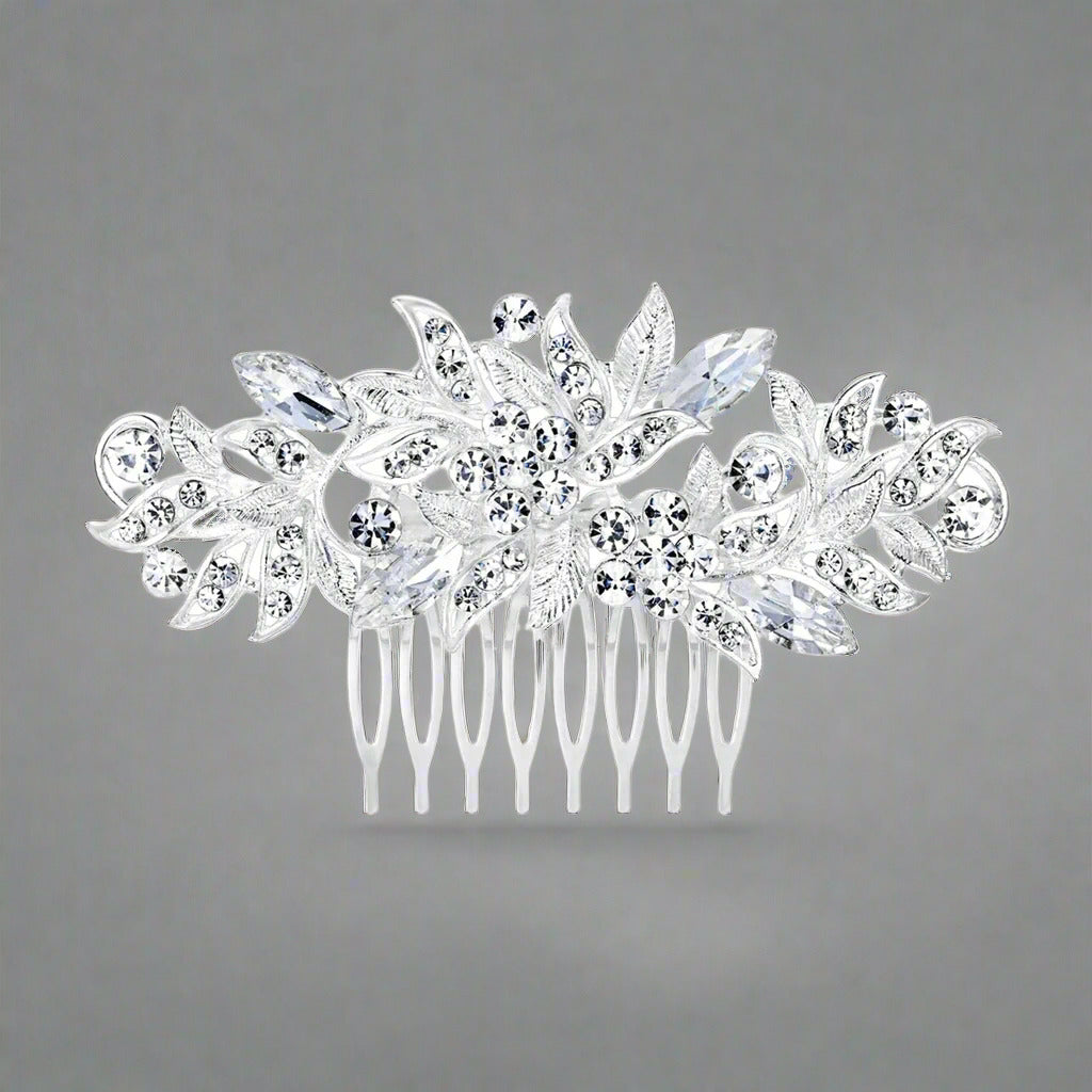 Elegant Bridal Hair Comb – Crystals, Flowers and Leaves, Silver Color