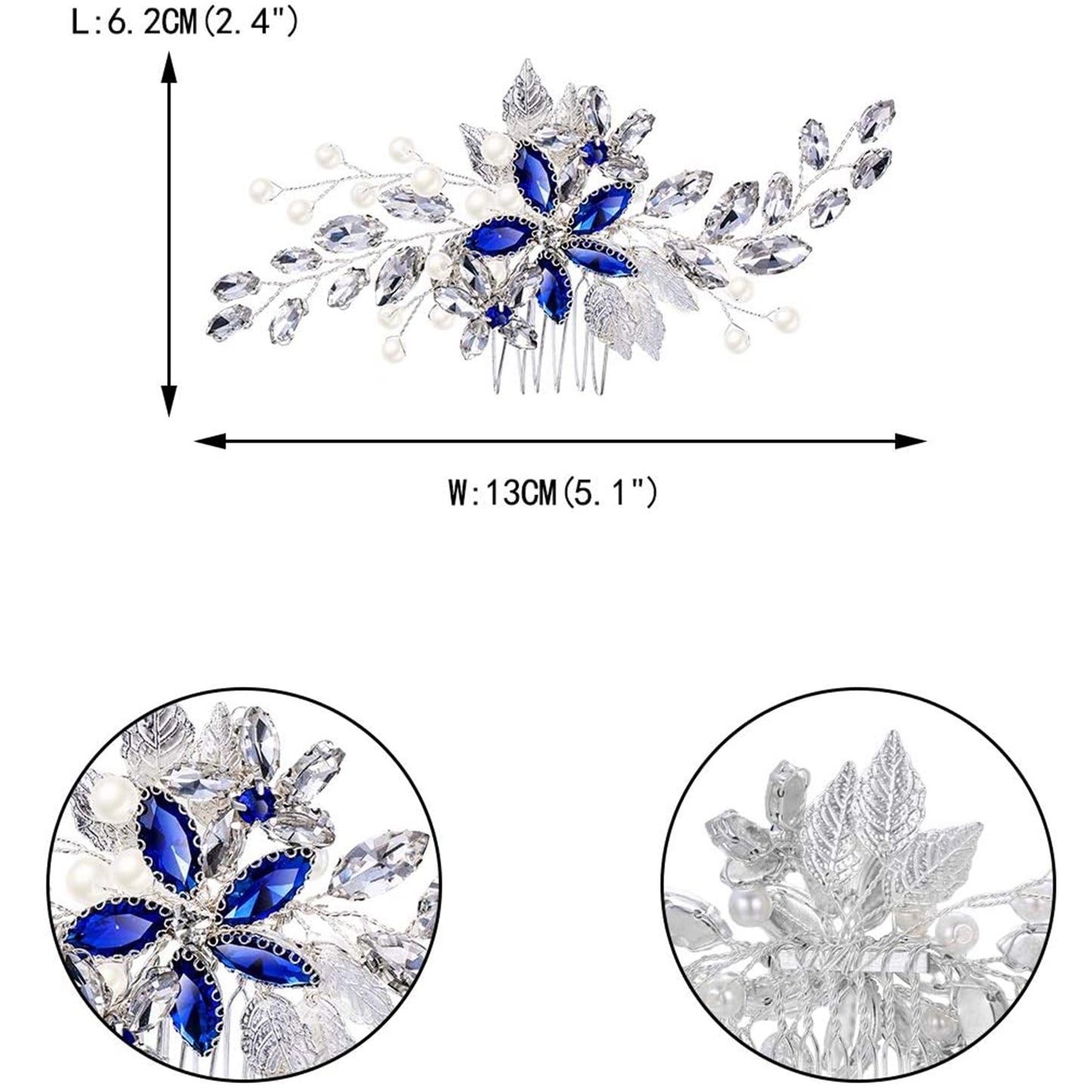 Elegant Bridal Hair Comb – Crystals, Pearls, Flowers and Leaves, Silver Color