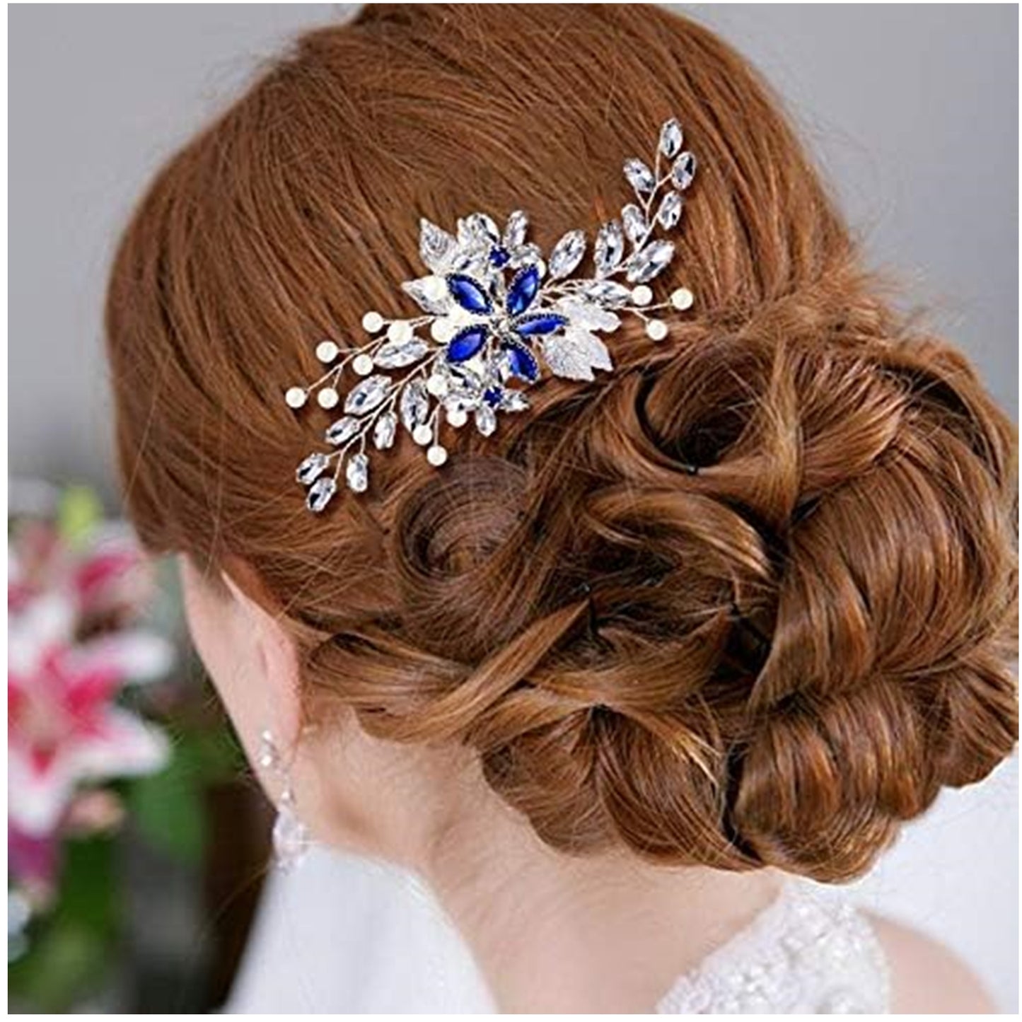 Elegant Bridal Hair Comb – Crystals, Pearls, Flowers and Leaves, Silver Color