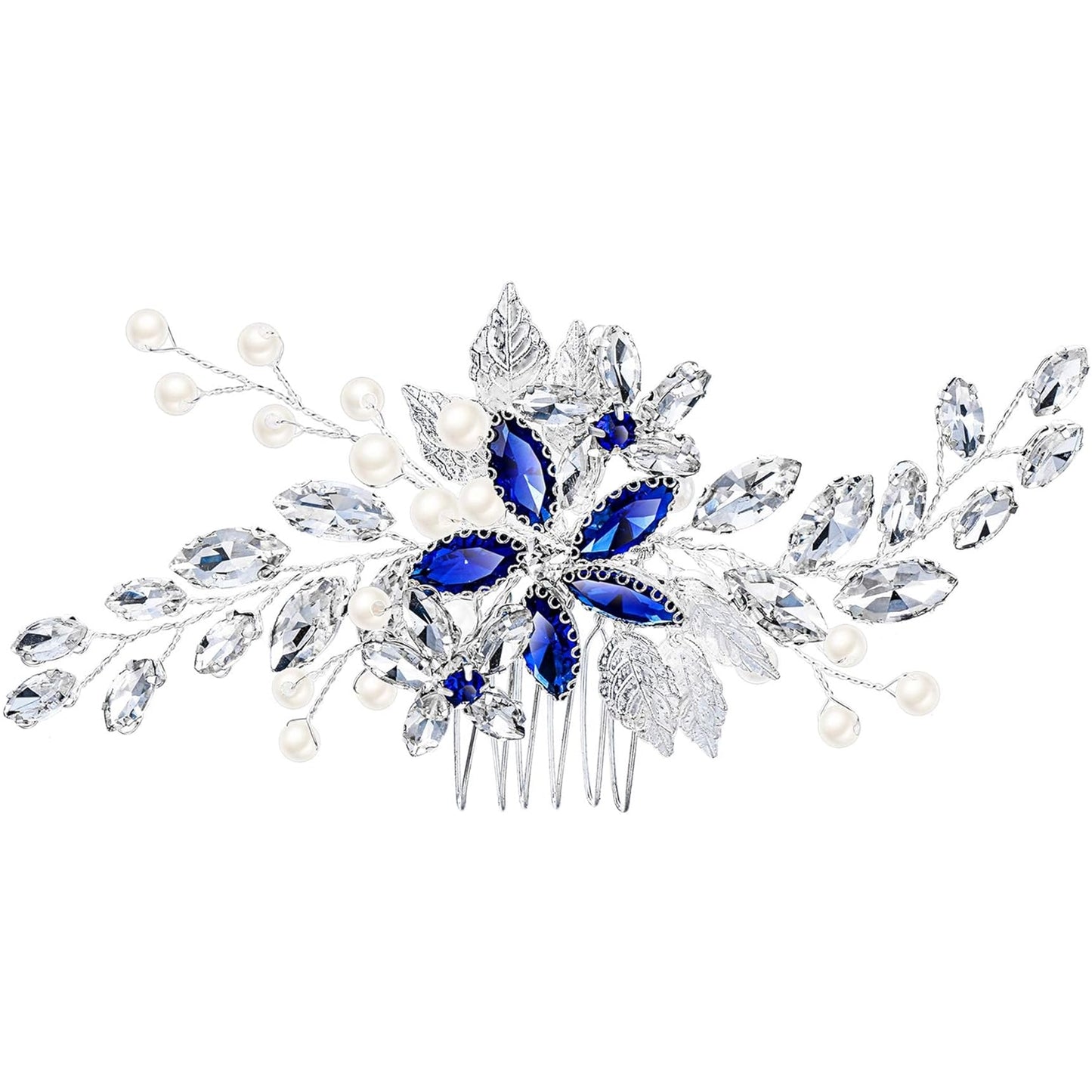 Elegant Bridal Hair Comb – Crystals, Pearls, Flowers and Leaves, Silver Color
